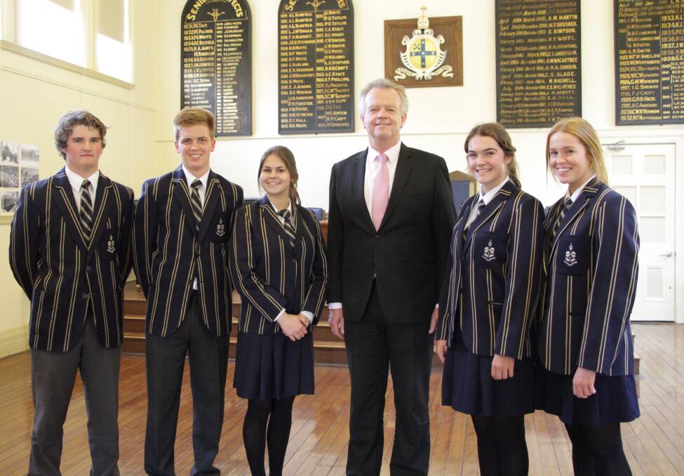 Headmaster Murray Guest with TAS student leaders Rorie Chambers, Edward Bell, Bridie Ryan, Molly Northam and April Johnson.