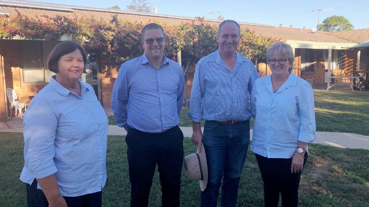 New England MP Barnaby Joyce congratulates staff at Strathearn Village - volunteer coordinator Janelle Birch, operations manager Stuart Thorne and support services manager Anne Ferries - on their grant. 