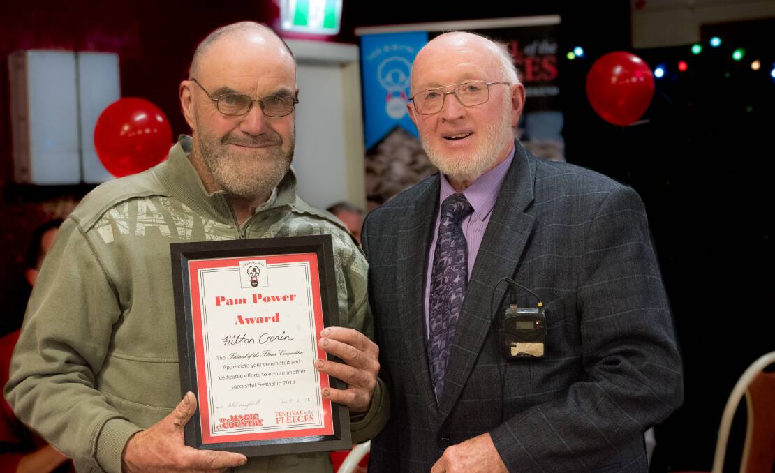 WELL-DESERVED: Chair of the committee Cr Ron Campbell (right) presents Hilton Cronin with the Pam Power Award for his generous volunteer work on the Festival of the Fleeces.