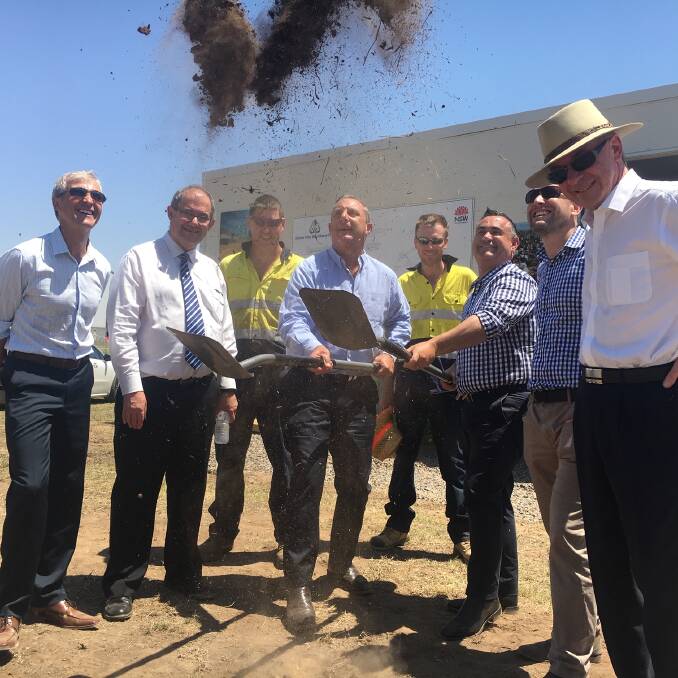 Upper Hunter MP Michael Johnsen and NSW Deputy Premier John Barilaro MP at the Ethtec sod turn with Dr Russell Reeves, Dr Geoff Doherty, Andrew Reeves, Tony Banks (Ethtec) and Dr Alan Broadfoot from the University of Newcastle.