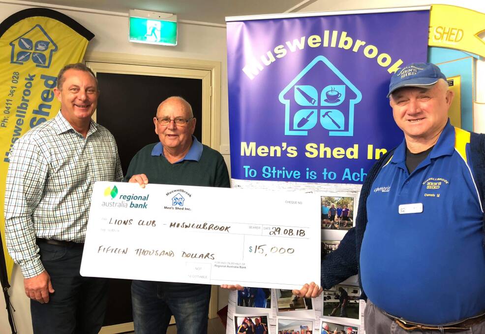 Muswellbrook Men’s Shed presents Lions with a cheque for $15,000 for use in the Upper Hunter on Drought Relief, from left, Upper Hunter MP Michael Johnsen, Rod Upton (Muswellbrook Lions) and Dennis Matthews (Muswellbrook Men’s Shed)