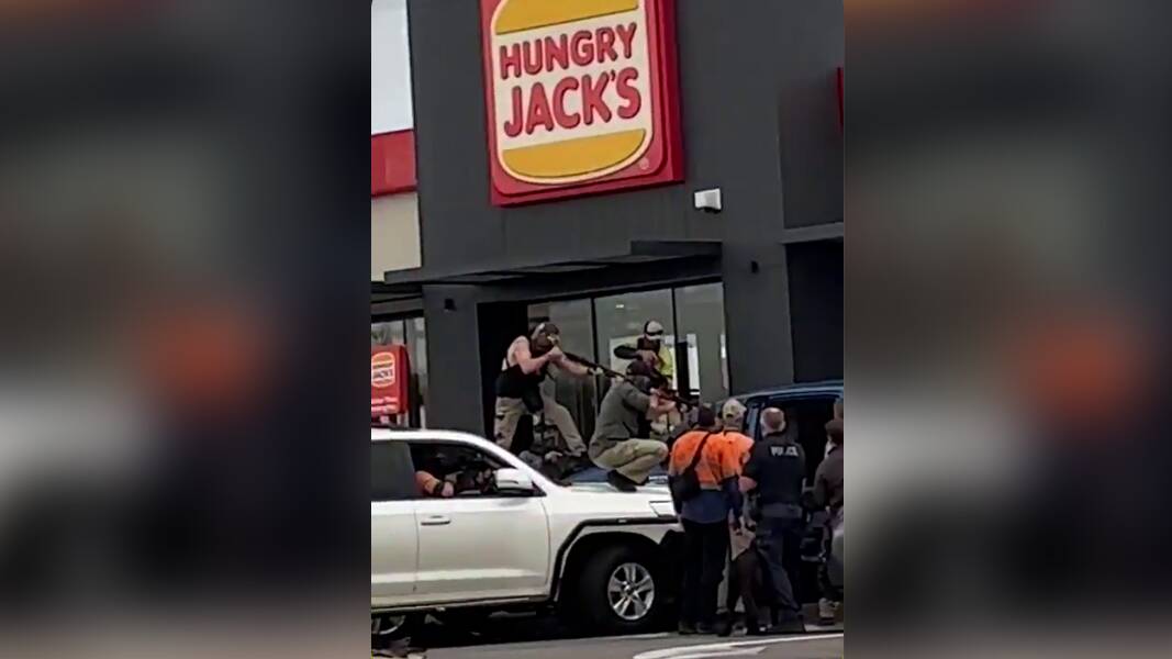 Still image from the dramatic arrest at a Northern Territory Hungry Jack's restaurant on Thursday, January 5, 2023.