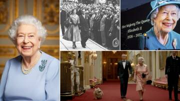 Clockwise from left: Queen Elizabeth II photo supplied by Royal Family Twitter account; Wollongong RSL sub-branch president F Marsh guides the Queen on her 1954 Australian tour; Billboards around London displaying tributes to the Queen, EPA PHOTO, and James Bond actor Daniel Craig with Queen Elizabeth II in the promo for the London Olympics in 2012.