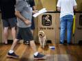 A dog watches on as people vote on NSW state election day, March 25. Picture by AAP Image/James Gourley