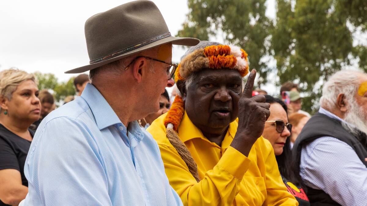 Australia Prime Minister Anthony Albanese chats with Galarrwuy Yunupingu during the Garma Festival in July. Picture Getty Images