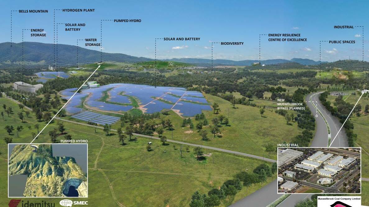 Idemitsu's masterplan for the former Muswellbrook Coal site. The project will feature pumped hydro, solar, hydrogen and a training and industrial precinct.