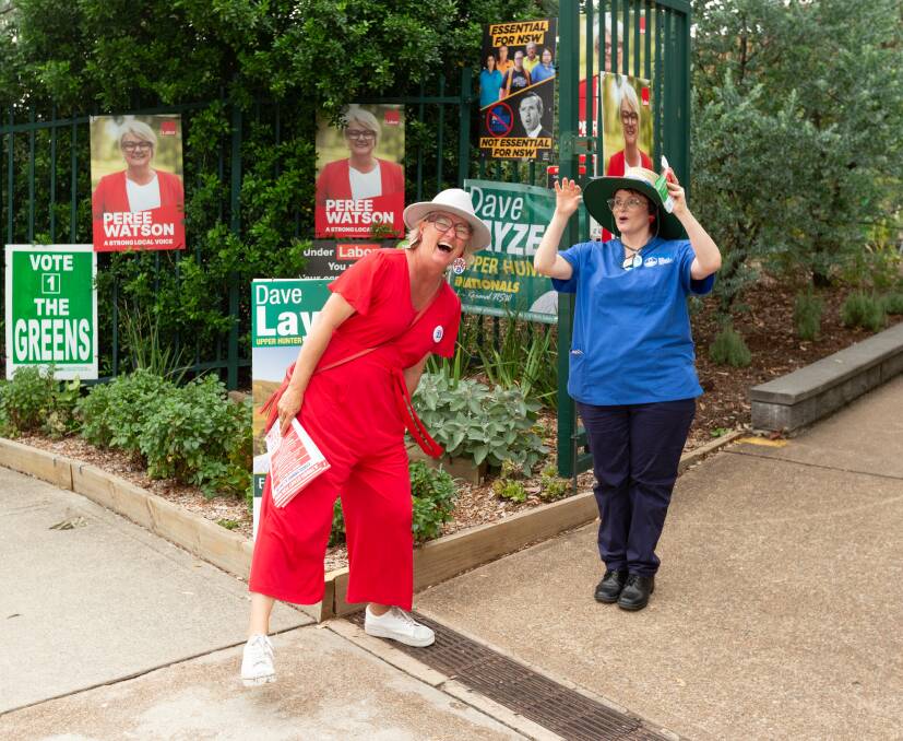 Labor's Peree Watson, left, with NSW Nurses and Midwives member Kathy Chapman at Singleton on Saturday. Picture by Jonathan Carroll. 