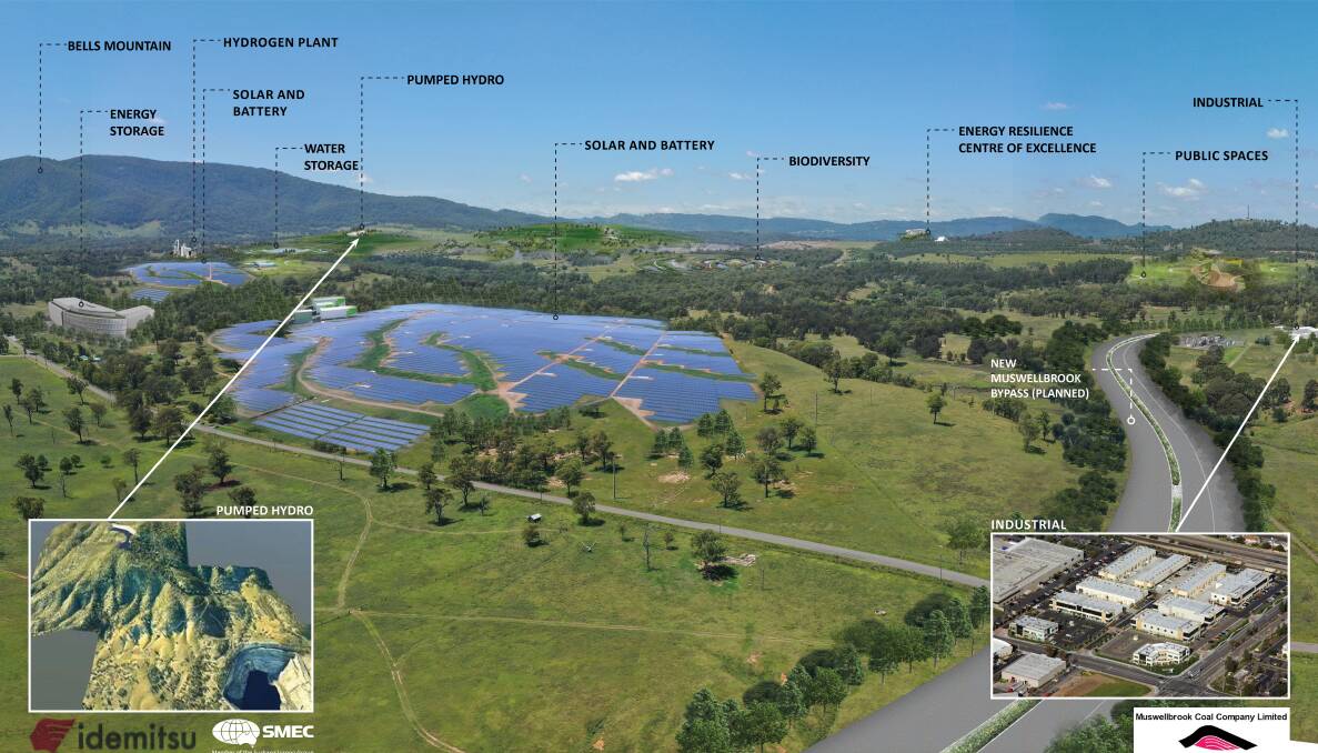 Big Picture: Idemitsu's masterplan for the former Muswellbrook Coal site. The project will feature pumped hydro, solar, hydrogen and a training and industrial precinct. 