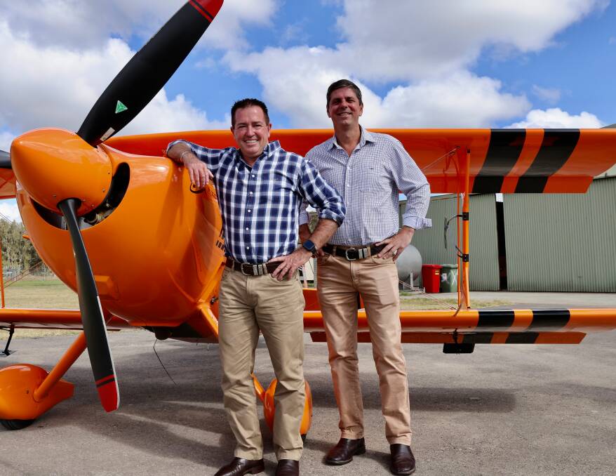Dave Layzell and Nationals Leader Paul Toole at Cessnock Airport on Tuesday. 
