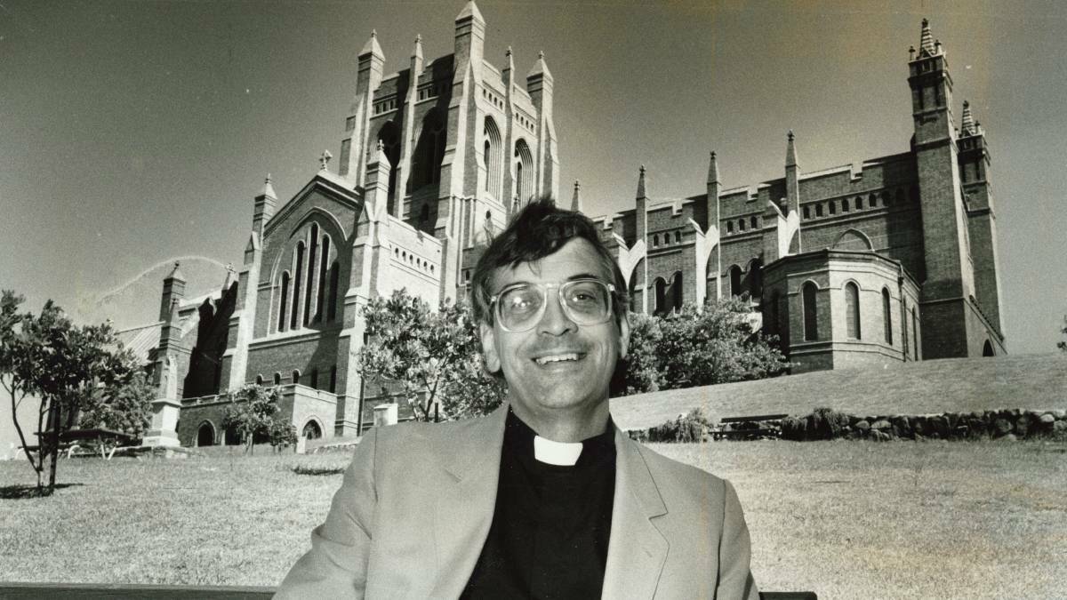 Defrocked Anglican Dean of Newcastle Graeme Lawrence in 1986 in front of Christchurch Cathedral.