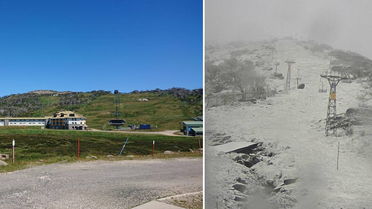 Perisher last week, snapped by a visitor, compared with snowfall overnight on Friday. Pictures Arety Kr-m, Perisher Resort