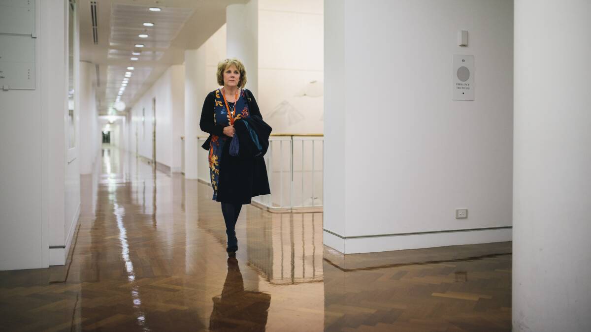 Lucy Haslam on a 2015 visit to Parliament House, where she lobbied Parliament on the medicinal use of cannabis. Picture by Rohan Thomson