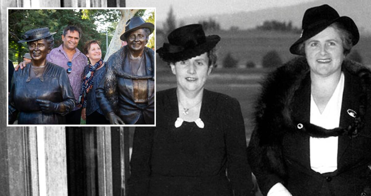 Dorothy Tangney, left, and Dame Enid Lyons entering the front door of the House of Representatives on September 24, 1943 and, inset, sculpture artist Lis Johnson with friend Nicky Winmar. Pictures Australian War Memorial, Karleen Minney 