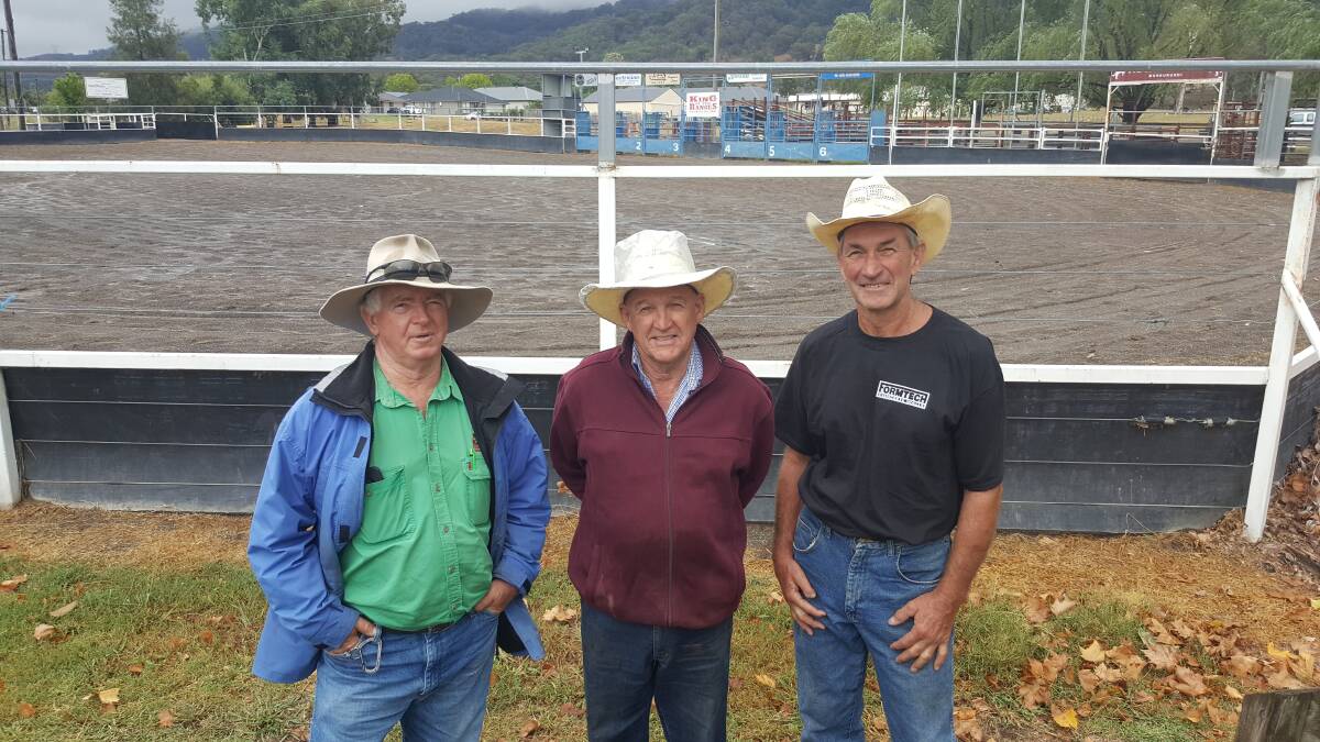 LET IT REIGN: Hard-working volunteers Doug McIntosh, Bob Paton and Dale Burchfield were pegging out spaces for the 50 caravans already booked in for the King of the Ranges.