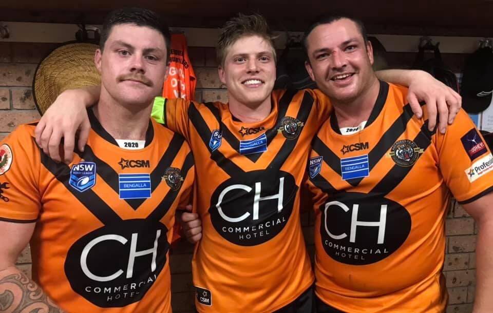 TRIO: Three out of four former Macquarie Scorpions Matt Hay, Lochlan Preston and Adam Swadling after Saturdays game. Kyle Smith, the fourth Scorpion missed the match with a leg injury. Photo: Supplied