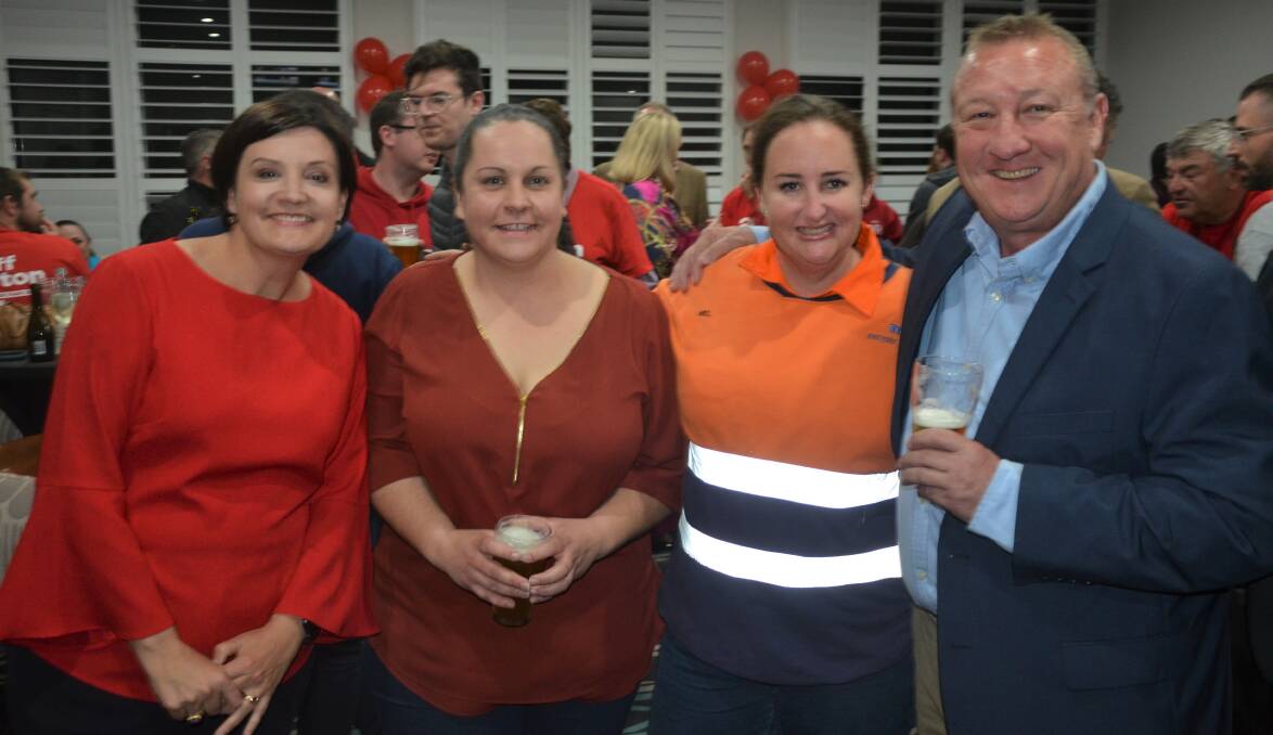 NOT CONCEDING: Labor leader Jodi McKay (left) and Labor candidate for Upper Hunter Jeff Drayton (right) with a large crowd of party supporters at the Muswellbrook Workers Club on Saturday night. 