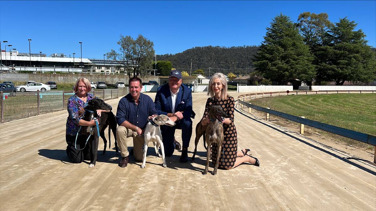 From the left, Beth Cook acting president of Lithgow Greyhound Racing Club, Deputy Premier Paul Toole, GRNSW CEO Rob Macaulay ,and Lithgow mayor Maree Statham. Picture supplied