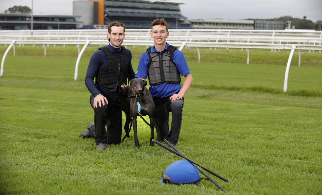Tyler Schiller (left) and Zac Lloyd have moved into greyhound ownership and are pictured with their broodbitch Newhaven Nellie. Photo Ross Schultz.