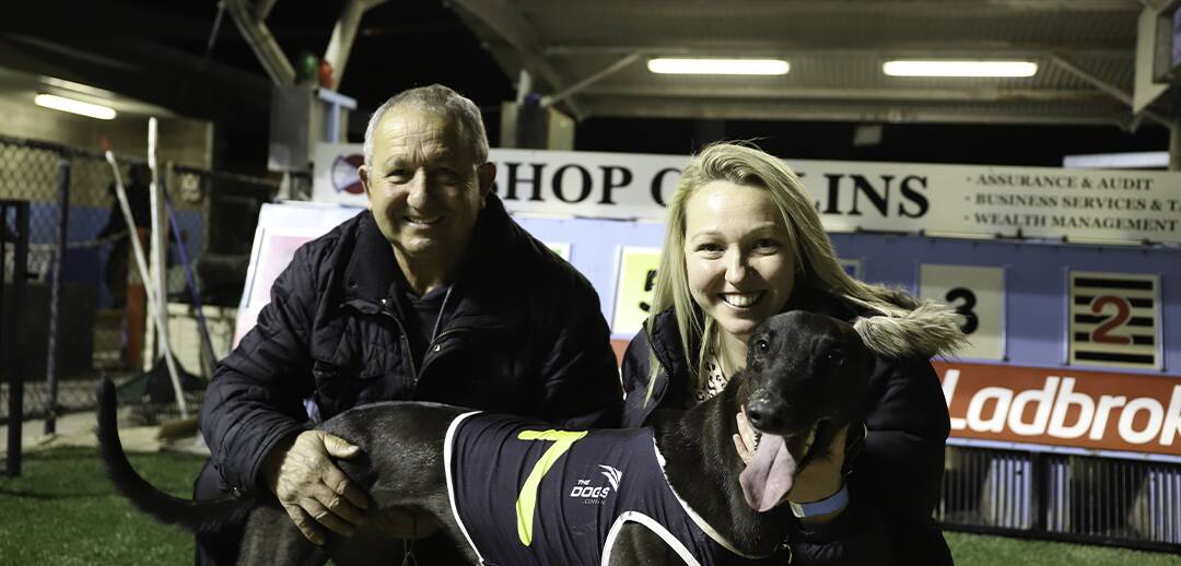 Upcoming races and awards: Sam and Kristy Sultana with Flying Ricciardo who was named Greyhound of the Year for 2020. Picture: GRNSW