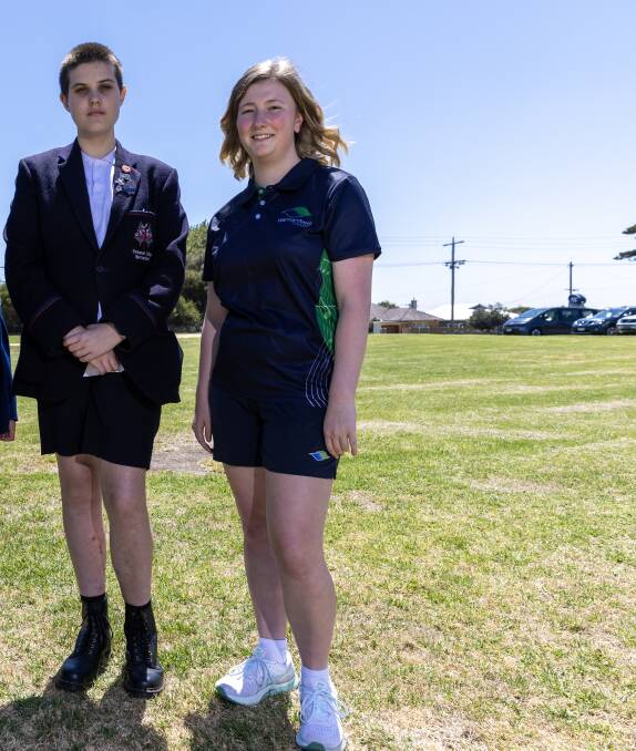 Emmanuel College's Eleanor Trussler and Warrnambool College's Charlotte Townsend in some of the uniform options available. Picture by Eddie Guerrero