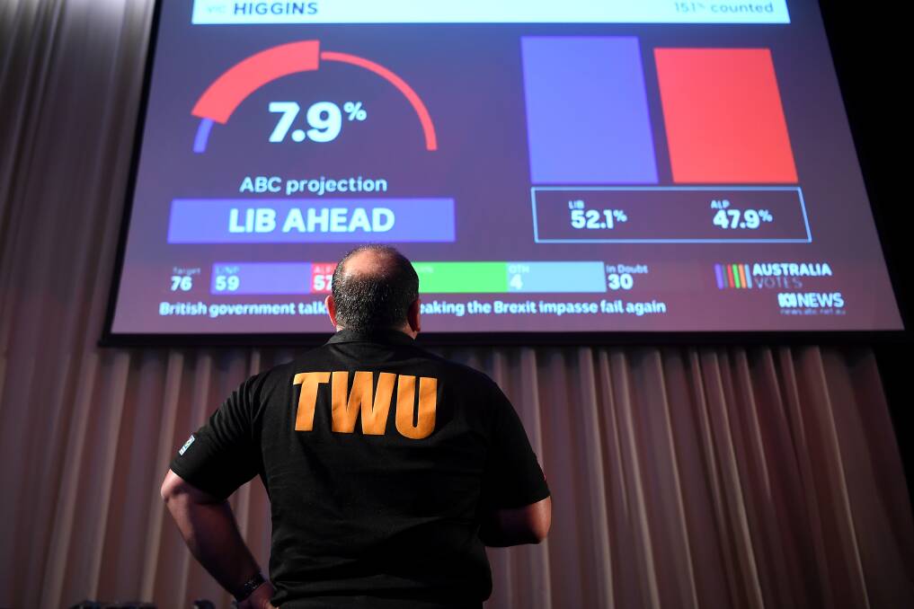 A supporter watches the tally count at the Federal Labor Reception in Melbourne on election night. Picture: AAP