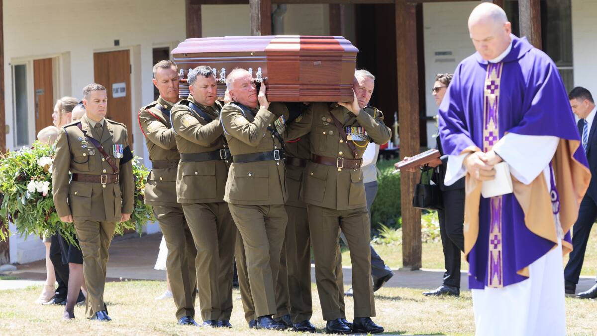 Former Senator Jim Molan is brought out of ANZAC Memorial Chapel of St Paul Duntroon after his funeral. Picture by Keegan Carroll