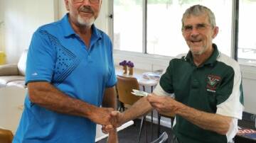 Alan Flanagan is congratulated by Vets vice captain Graham Turvey on winning the Vets' Stableford event at Murrurindi Golf Club on Tuesday, January 31, with 36 points. Picture supplied.