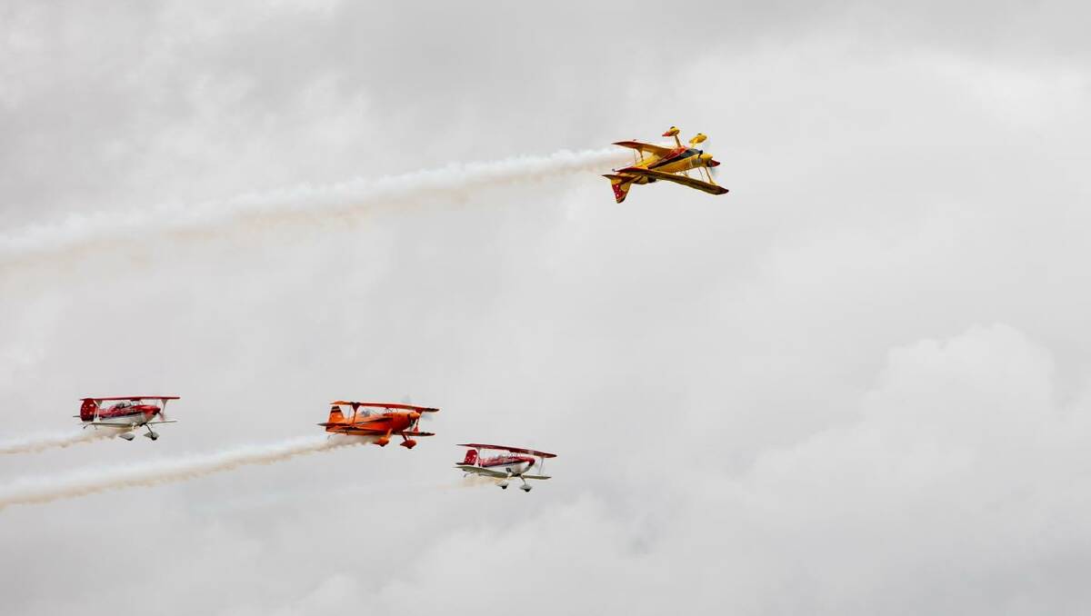 Aerial showmanship courtesy of the SkyAces formation aerobatic team at the Warbirds Over Scone event ealier this year. Stunts will be on display again on the sky for the Festival of Flight in Scone on November 26. Picture: UHSC