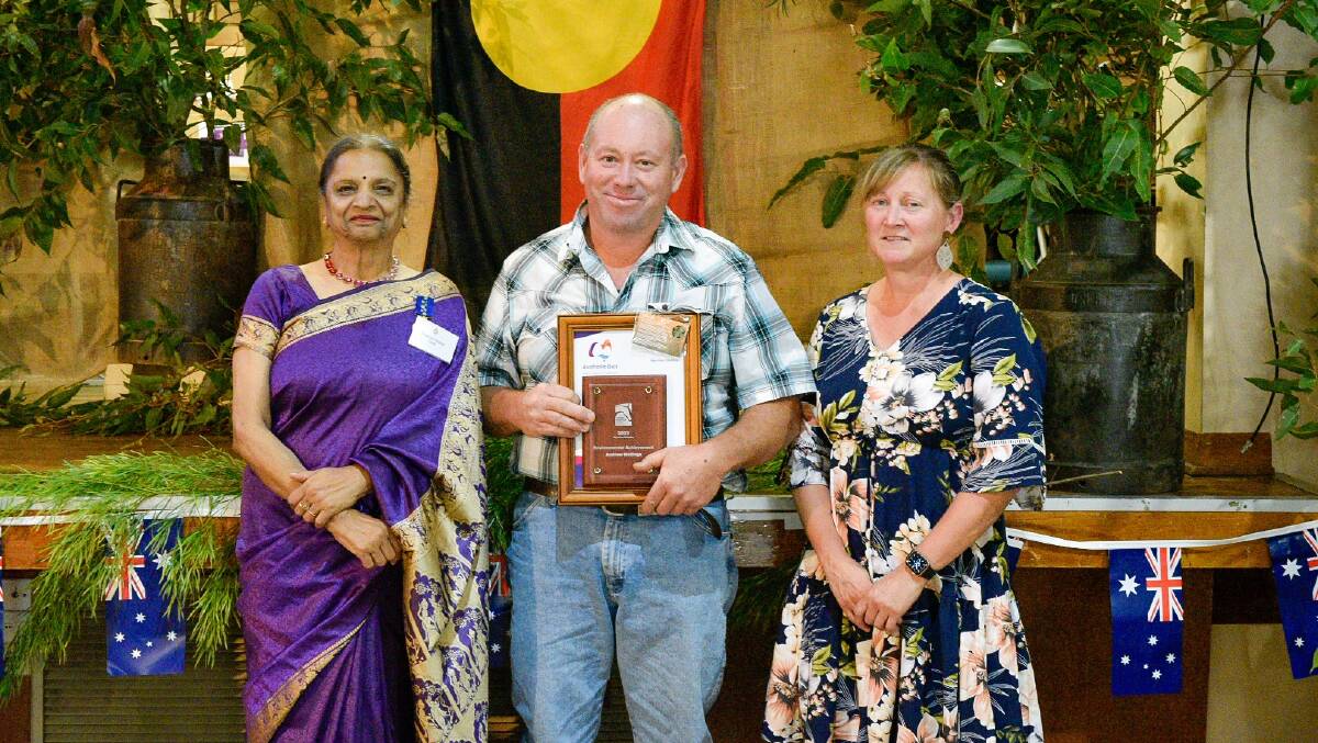 Merriwa Environmental Achievement award winner Andrew Wallings with wife Sandy, and Australia Day ambassador Promila Gupta OAM. Photo from Upper Hunter Shire Council.