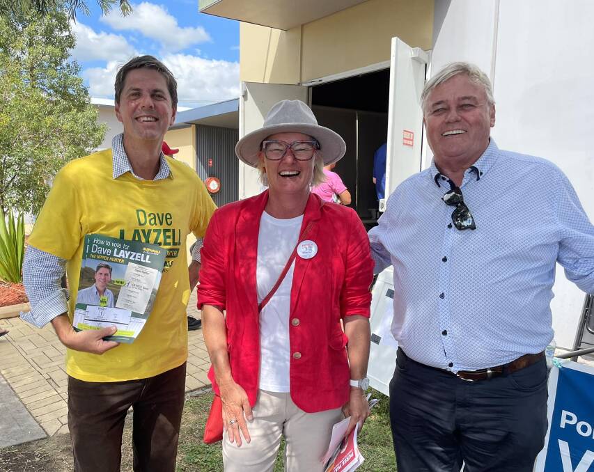 Upper Hunter state election candidates Dave Layzell, Nationals, Peree Watson, Labor and Dale McNamara, Independent at the polls. Picture by Louise Nichols. 