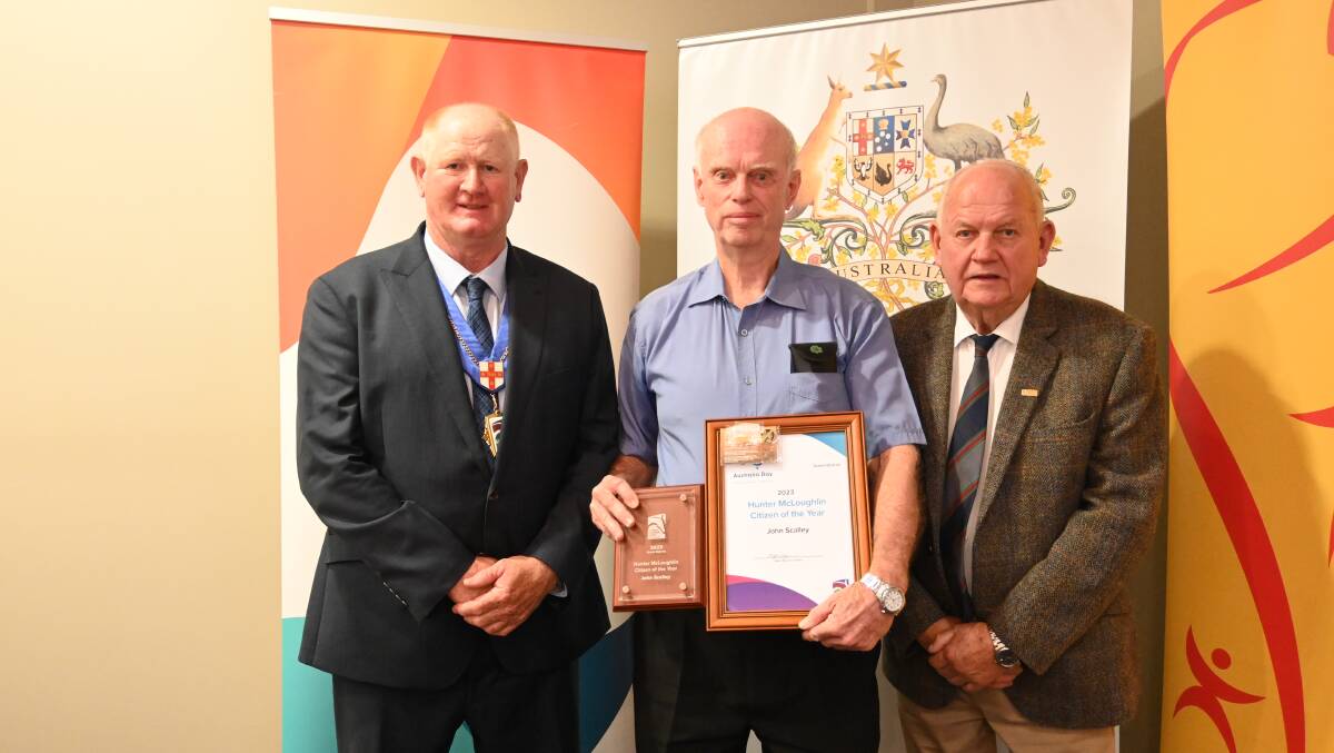 Retired Scone school teacher, John Scalley received the Hunter McLoughlin Citizen of the Year award for 2023. He is pictured with Mayor Maurice Collision and 2022 award recipient. 
