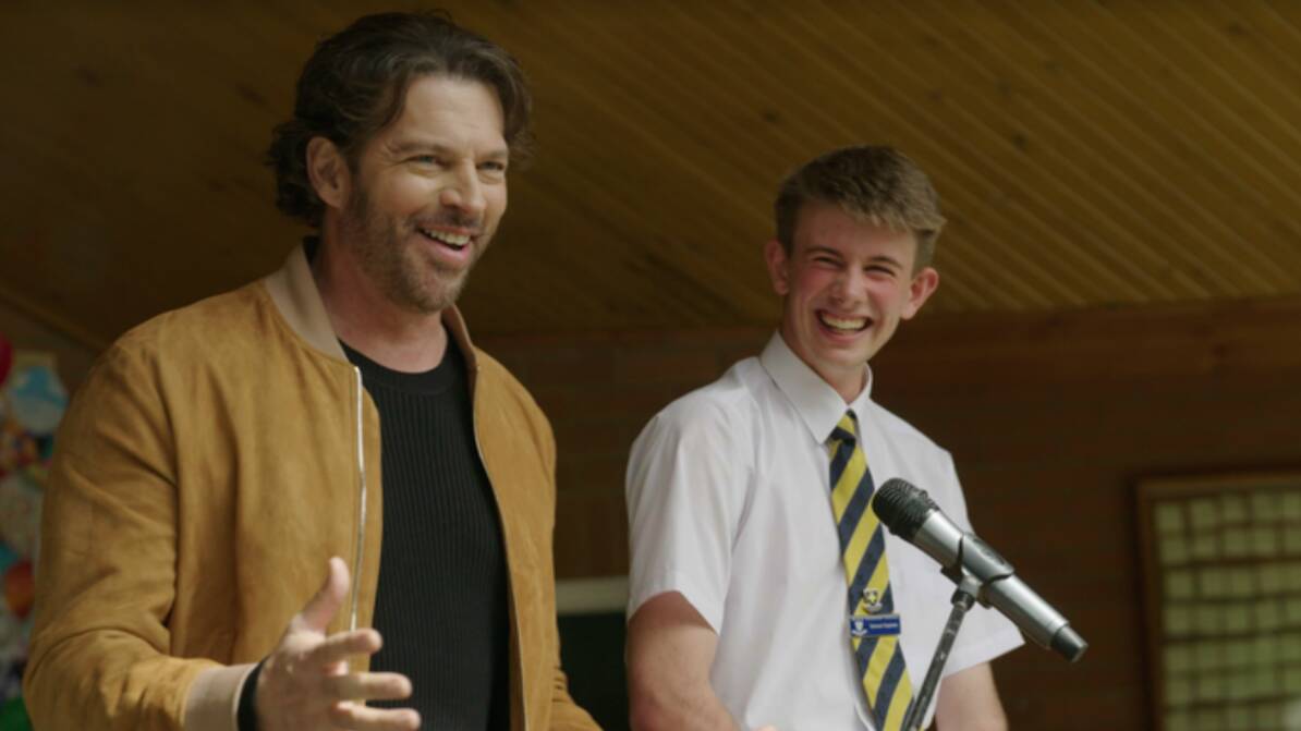 Harry Connick Jr travels to Scone to find the next idol where he meets Hamish Guiana at Scone Grammar School. Picture: Seven Network.