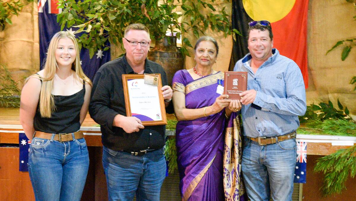 Merriwa Sustainability in Business award went to Elders Merriwa. From left, Tahli Gleeson, Roger Saunders and Josh Towell are pictured with Australia Day ambassador Promila Gupta OAM at a ceremony in Merriwa. Photo from Upper Hunter Shire Council.