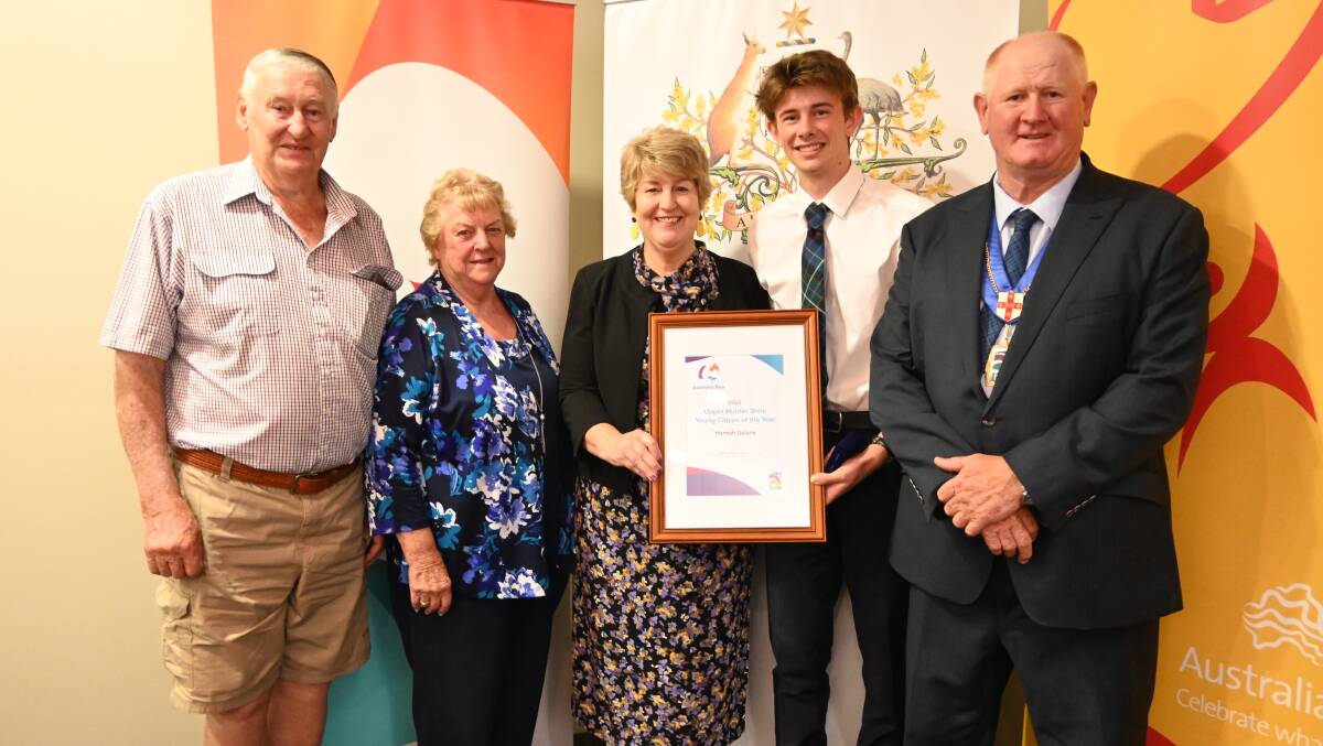Scone's Hamish Guiana has been named Upper Hunter Shire Young Citizen of the Year for 2023. He is picture with award sponsors Errol and Beryl Bates (on left), Cr Lee Watts (middle) and mayor Maurice Collision. Photo by Jess Wallace.