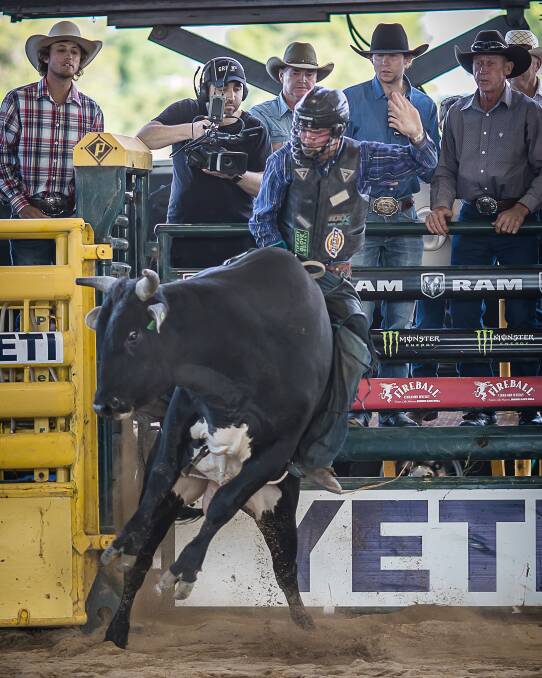 Vacy, NSW Cowboy Alec Grainger on board 945 (R). Photo from PBR (Professional Bull Riders)