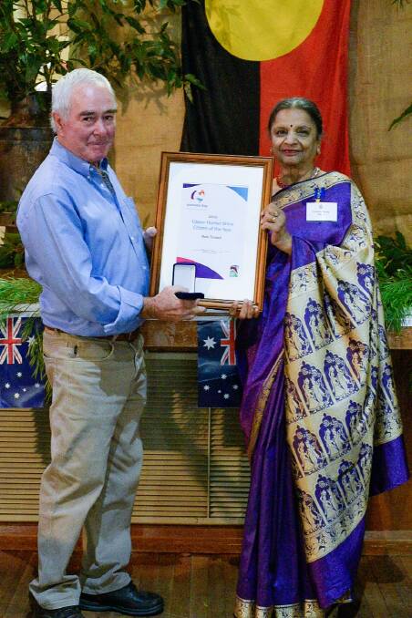 Merriwa's Rob Tindall is presented the Upper Hunter Shire Citizen of the Year award by Australia Day ambassador Promila Gupta OAM at a ceremony in Merriwa. Photo from Upper Hunter Shire Council.