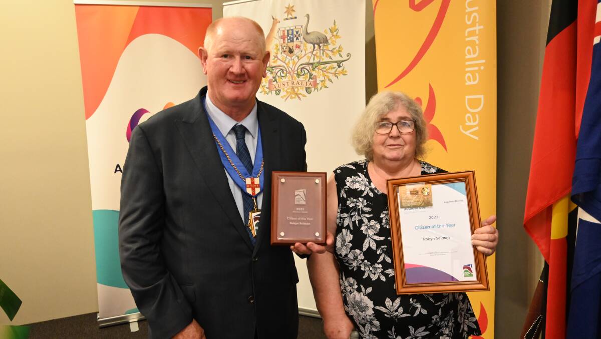 Robyn Selman was named Aberdeen Citizen of the Year at Upper Hunter Shire Council's Australia Day Awards 2023. Robyn is pictured with mayor Maurice Collision. Photo by Jess Wallace. 