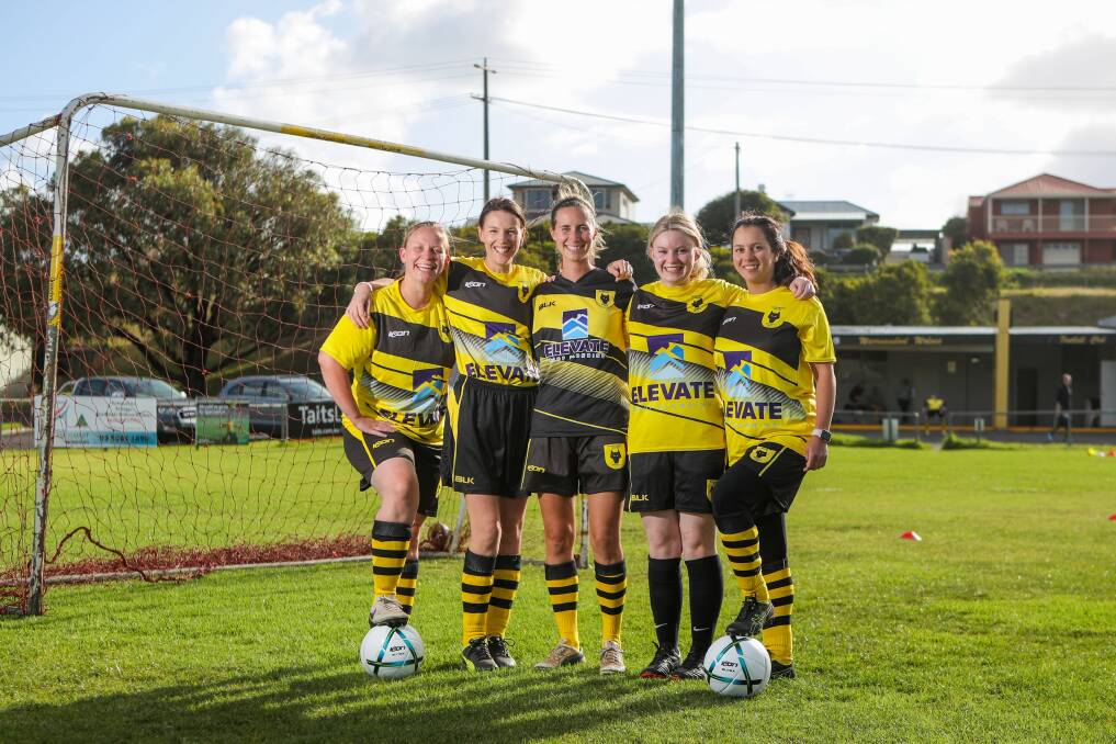 READY TO PLAY: Warrnambool Wolves' Diane Kluijfhout, 29, Brooke Gent, 41, Amanda Gaffey-Smyth, 27, Aoife O'Sullivan, 21, and Lauren Baxter, 39, will feature in a newly-formed south-west women's soccer league. Picture: Morgan Hancock 