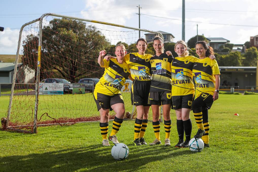 HAVING A BALL: Warrnambool Wolves' Diane Kluijfhout, 29, Brooke Gent, 41, Amanda Gaffey-Smyth, 27, Aoife O'Sullivan, 21, and Lauren Baxter, 39, are excited to represent their club in a fully-fledged competition. Picture: Morgan Hancock