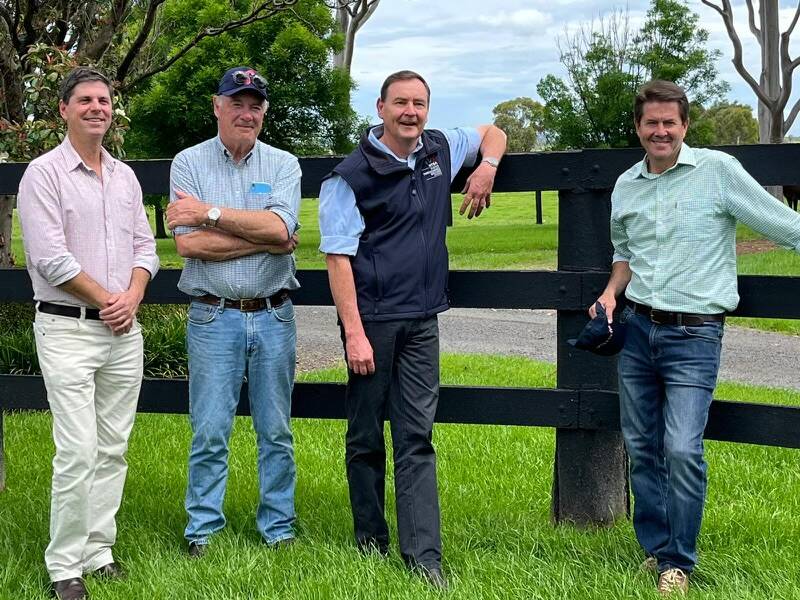 Upper Hunter MP Dave Layzell (left), pictured on Saturday with Upper Hunter thoroughbred breeders Arthur Mitchell and Cameron Collins, and Lands and Water and Hospitality and Racing Minister Kevin Anderson.