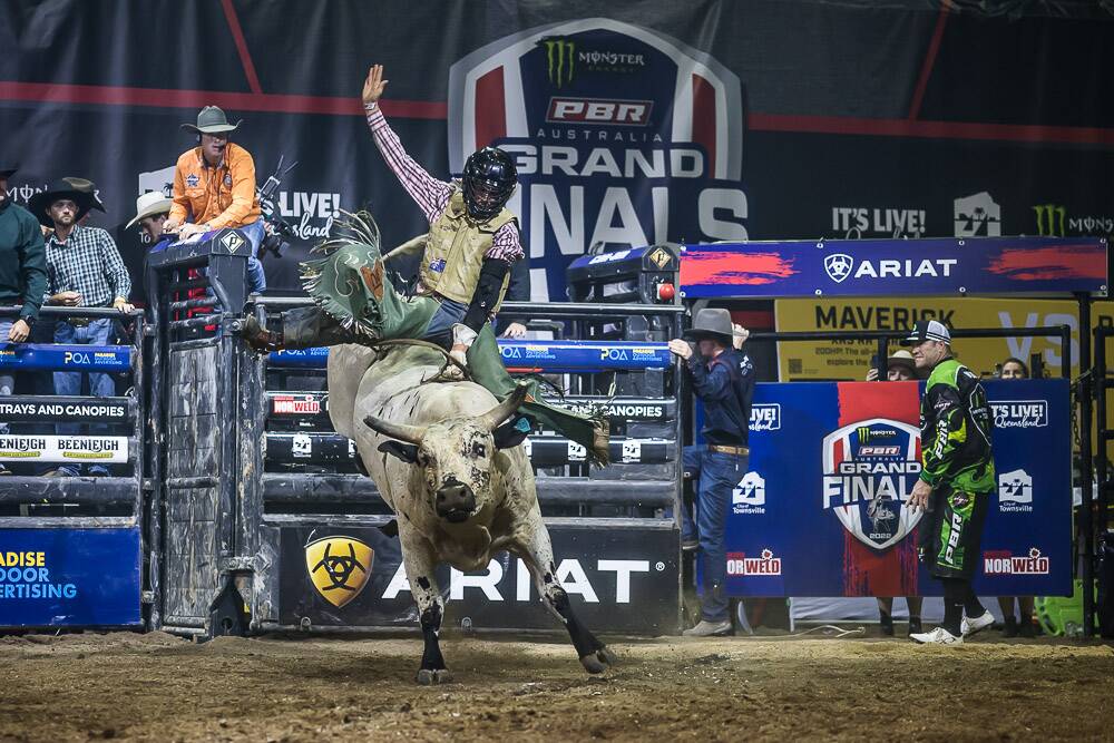 Thomas Hudson, from Dungog, on 'Lightning' on the first night of the PBR Monster Energy Tour grand finals event. He posted no score. Picture by Stephen Mowbray.