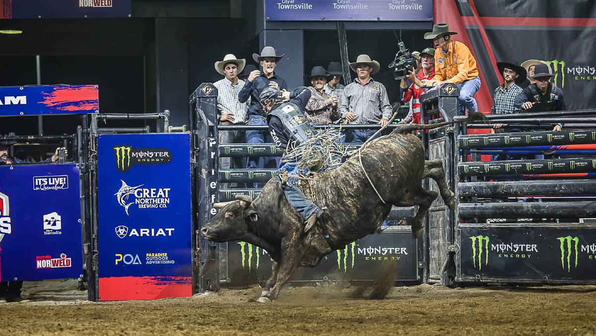Jono Couling, from Singleton, and 'Super Natural' on the first night of the PBR Monster Energy Tour grand finals event. He posted no score. Picture by Stephen Mowbray.