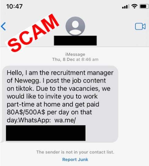 Example of a recruitment scam message. Scamwatch is urging jobseekers to be wary of opportunities that seem too good to be true.