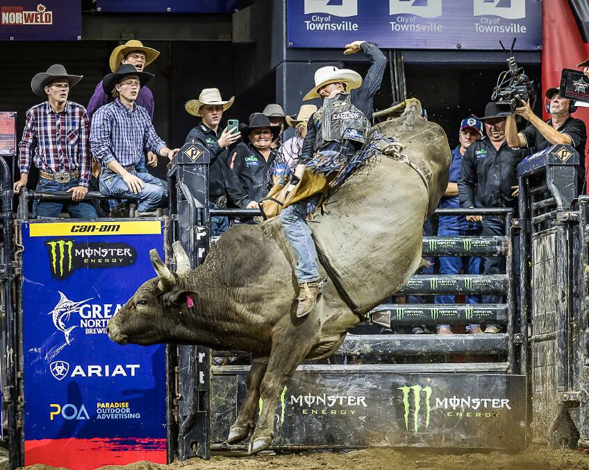 Singleton's Cody Heffernan on board 'Cattle King Boogers Beach' in the short go for 92 points at the 2022 PBR Australia grand finals. Picture by Stephen Mowbray.