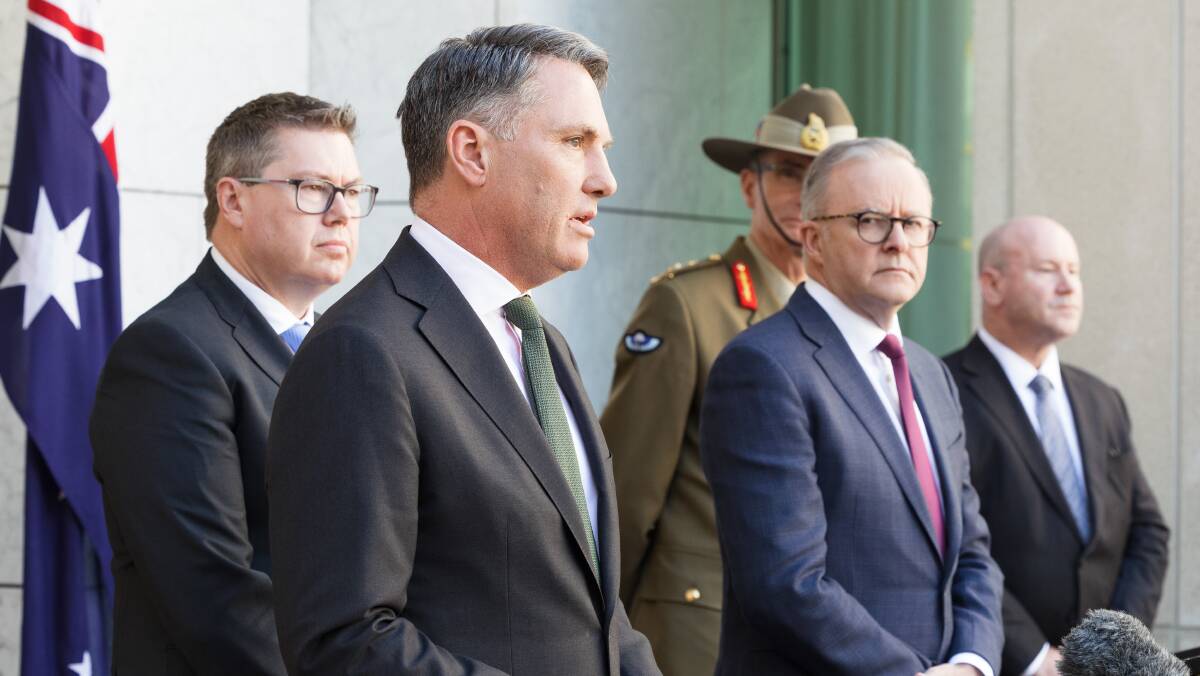 Pat Conroy, Richard Marles, Chief of the Defence Force Angus Campbell, Prime Minister Anthony Albanese, and Defence secretary Greg Moriarty. Picture by Sitthixay Ditthavong