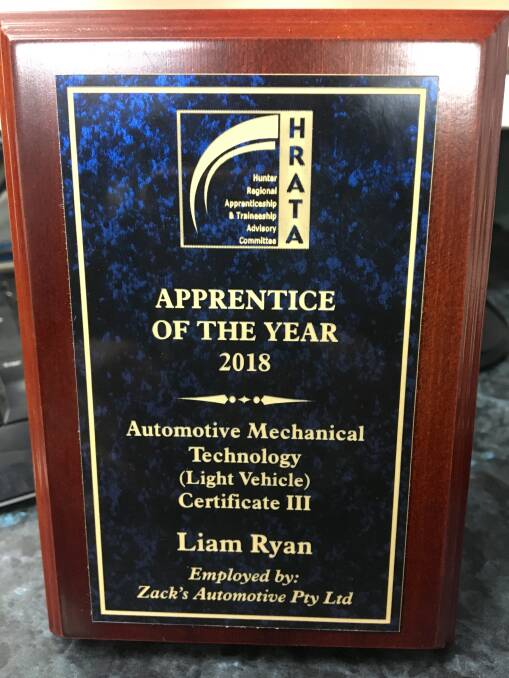 Great Achievement: Liam Ryan from Zack's Automotive was named Apprentice of the Year at this year's HRATA Awards. Photo: Supplied.