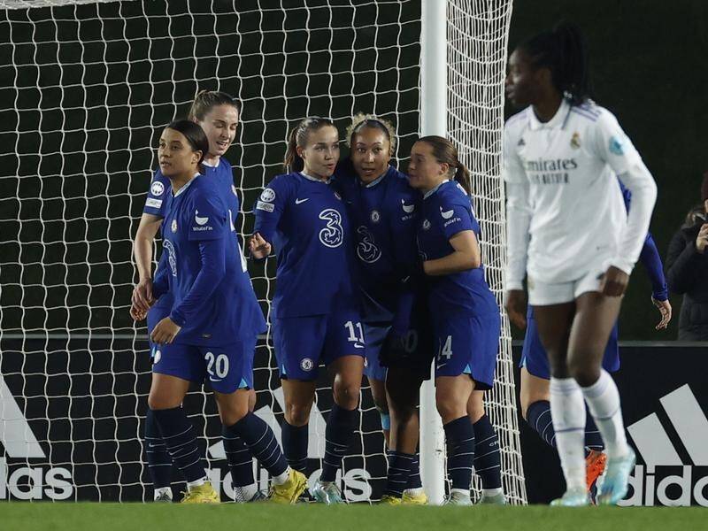 Sam Kerr (l) and her Chelsea teammates celebrate their equaliser against Real Madrid in the WCL. (EPA PHOTO)