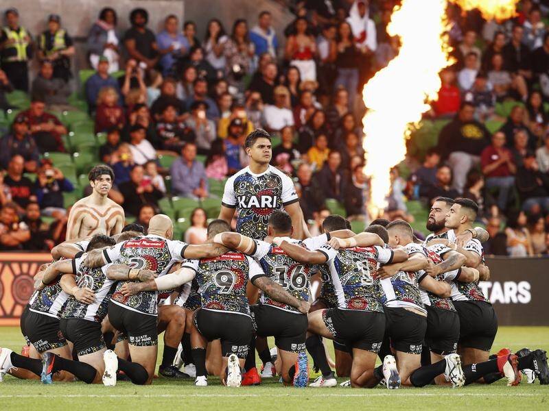 Latrell Mitchell led the Indigenous All Stars wary cry before their clash with Maori All Stars.
