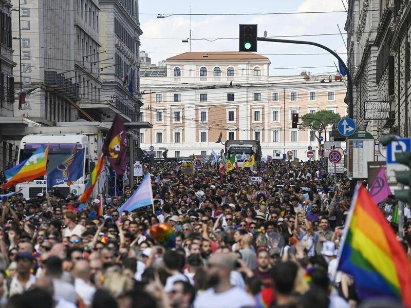 Thousands have wound through the streets of Rome for the annual Pride parade. (EPA PHOTO)