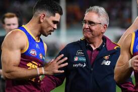 Lions coach Chris Fagan hails Charlie Cameron after their preliminary final win over the Blues. (Jono Searle/AAP PHOTOS)